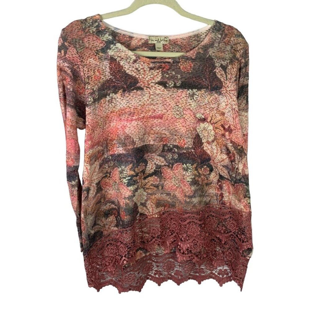Live and Let Live Womens Pink PL Petite Large Floral Long Sleeve Top Tunic Lace - Picture 1 of 5